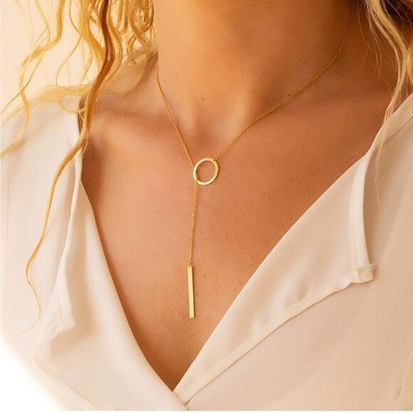 Gold 14k Gold Plated Circle Bar Lariat Necklace - Picture 1 of 5